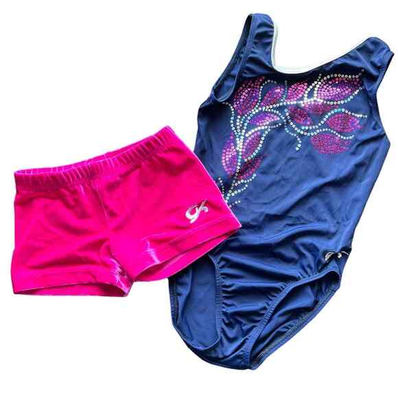 GK Floral Vine Gymnastics Leotard and Velvet Workout Shorts Set Size Large